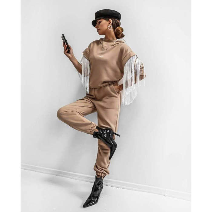 KOMPLET DRES CASUAL FRINGE BEŻ