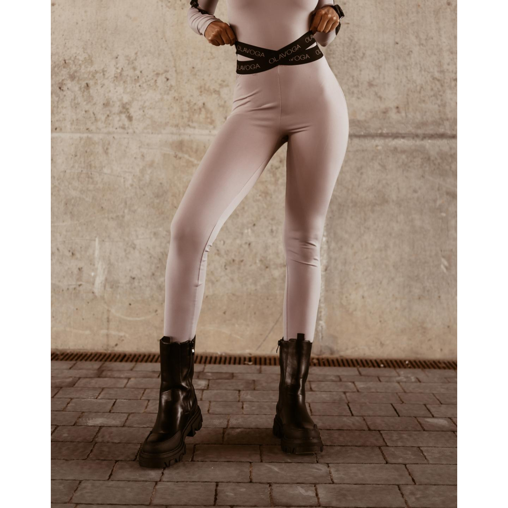 SPODNIE LEGGINSY HIGH WAIST LOGO BEŻ