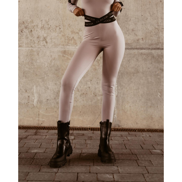 SPODNIE LEGGINSY HIGH WAIST LOGO BEŻ