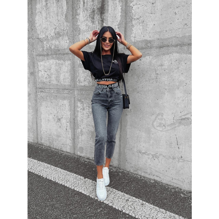 SPODNIE JEANSOWE DENIM Z GUMĄ W PASIE OFF BLACK