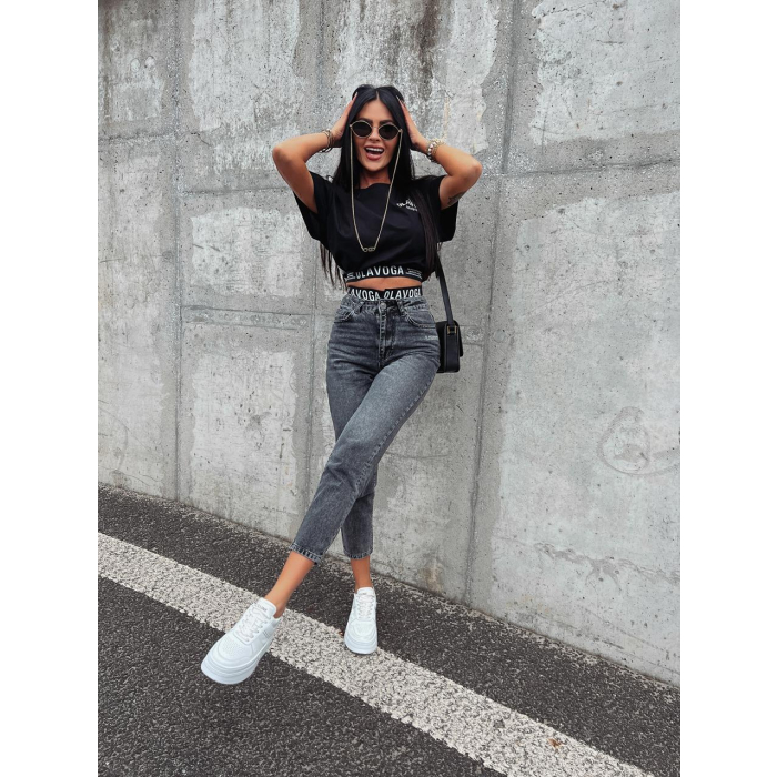SPODNIE JEANSOWE DENIM Z GUMĄ W PASIE OFF BLACK