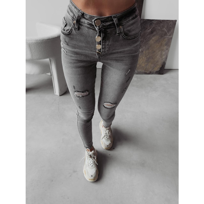 SPODNIE JEANSOWE SLIM FIT Z DZIURAMI I GUZIKAMI OLAVOGA ERICA GRAY