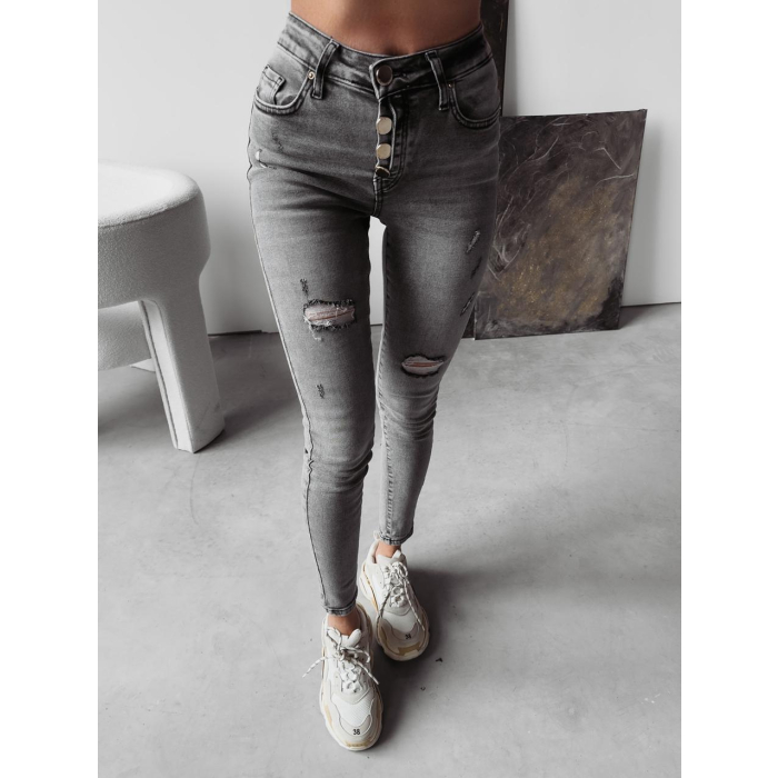 SPODNIE JEANSOWE SLIM FIT Z DZIURAMI I GUZIKAMI OLAVOGA ERICA GRAY