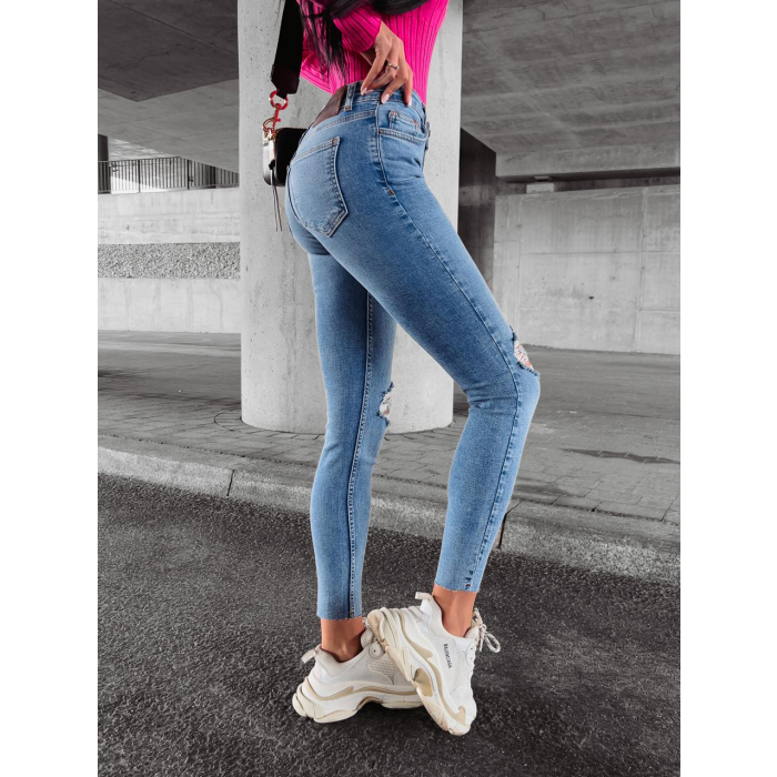 SPODNIE JEANSOWE SLIM FIT Z DZIURAMI NA KOLANACH OLAVOGA ARIEL BLUE