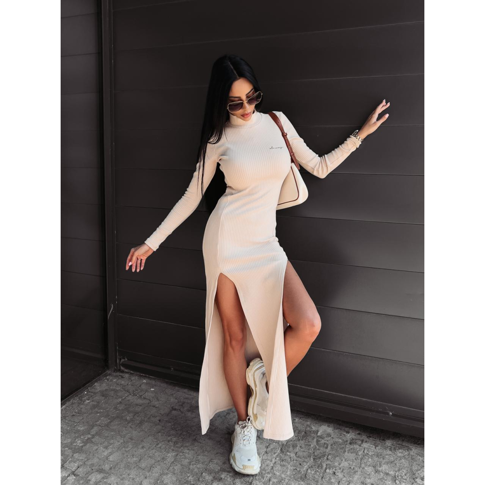 SUKIENKA BAWEŁNIANA PRĄZKOWANA MAXI Z GOLFEM I ROZCIĘCIAMI JEWEL BEIGE