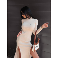 SUKIENKA BAWEŁNIANA PRĄZKOWANA MAXI Z GOLFEM I ROZCIĘCIAMI JEWEL BEIGE
