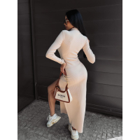 SUKIENKA BAWEŁNIANA PRĄZKOWANA MAXI Z GOLFEM I ROZCIĘCIAMI JEWEL BEIGE