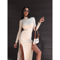 SUKIENKA BAWEŁNIANA PRĄZKOWANA MAXI Z GOLFEM I ROZCIĘCIAMI JEWEL BEIGE