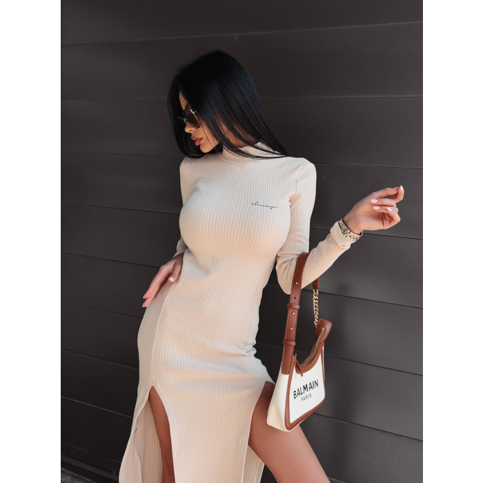 SUKIENKA BAWEŁNIANA PRĄZKOWANA MAXI Z GOLFEM I ROZCIĘCIAMI JEWEL BEIGE