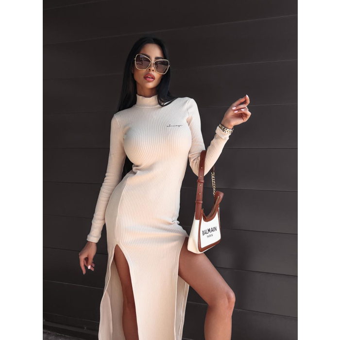 SUKIENKA BAWEŁNIANA PRĄZKOWANA MAXI Z GOLFEM I ROZCIĘCIAMI JEWEL BEIGE