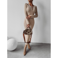 SUKIENKA PRĄŻKOWANA MAXI WIĄZANA GOLD PIN OLAVOGA OMIKO BEIGE