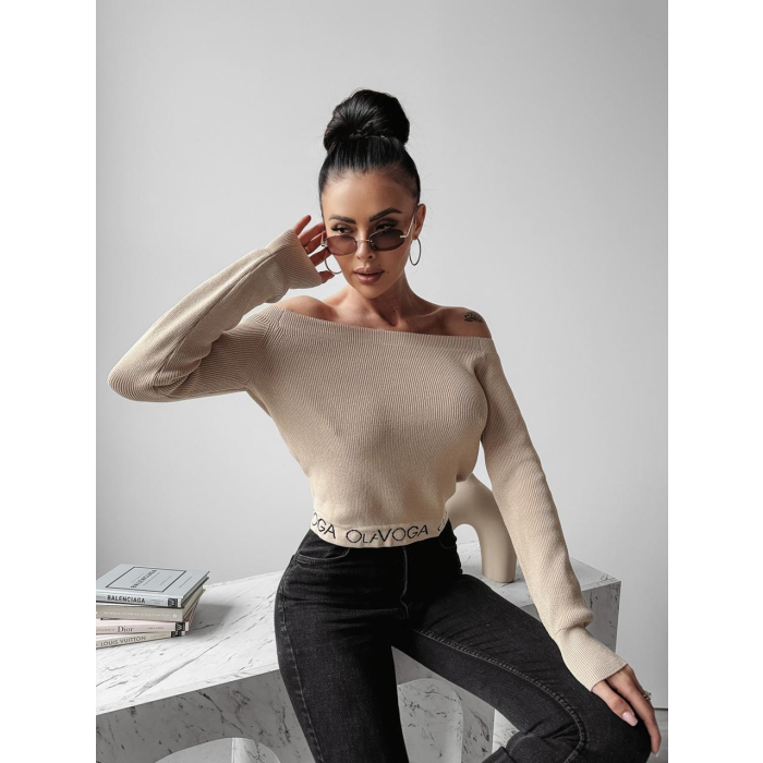 SWETER PRĄŻKOWANY LOGO OLAVOGA ART BEIGE