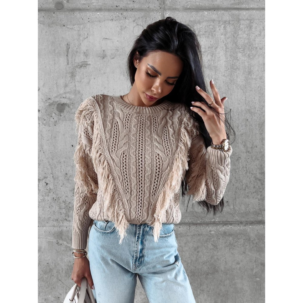 SWETER Z FRĘDZLAMI LAREN BEIGE