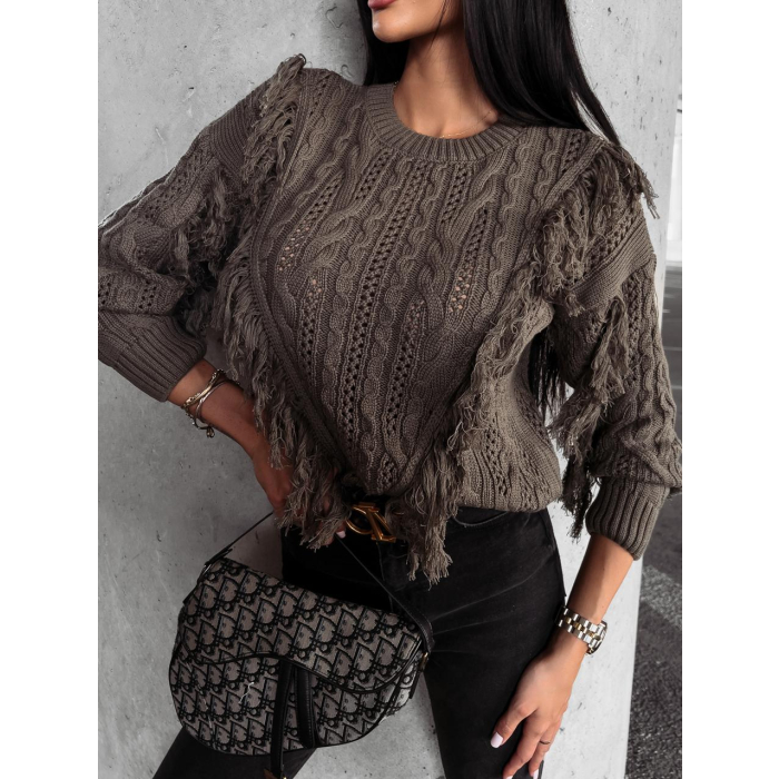 SWETER Z FRĘDZLAMI LAREN KHAKI