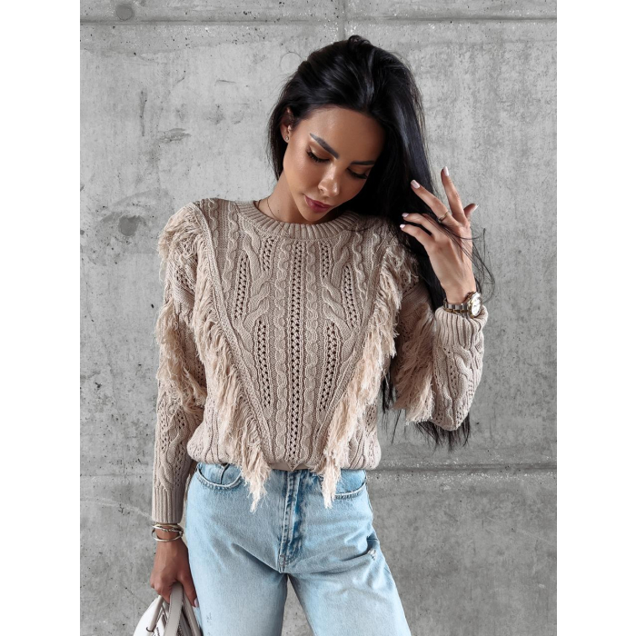 SWETER Z FRĘDZLAMI LAREN BEIGE