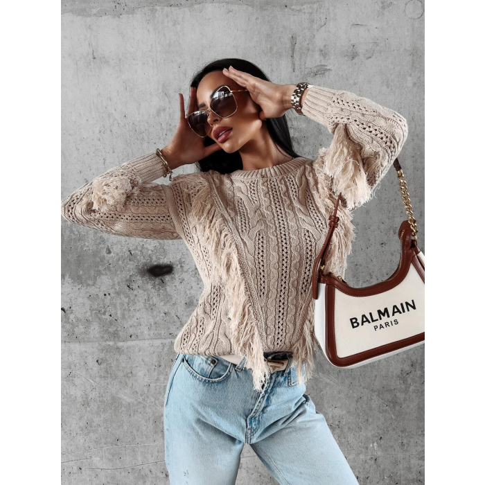 SWETER Z FRĘDZLAMI LAREN BEIGE