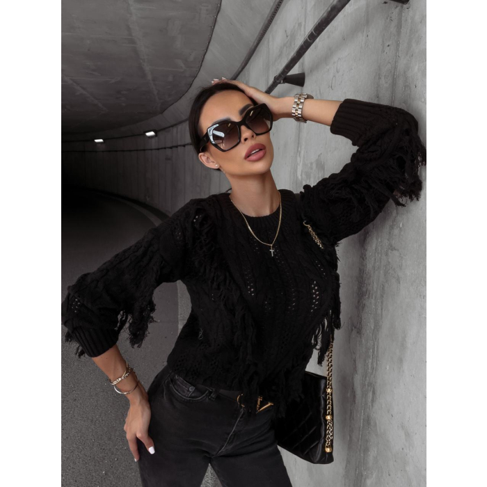 SWETER Z FRĘDZLAMI LAREN BLACK