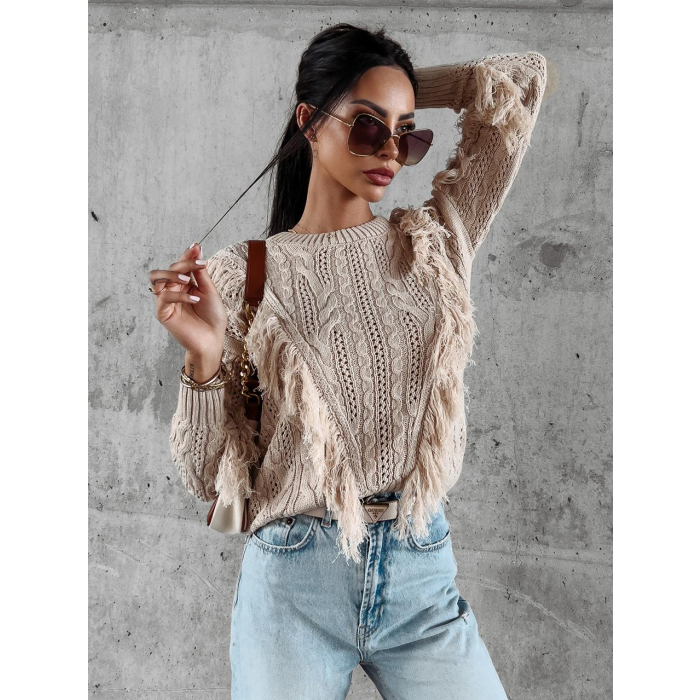 SWETER Z FRĘDZLAMI LAREN BEIGE