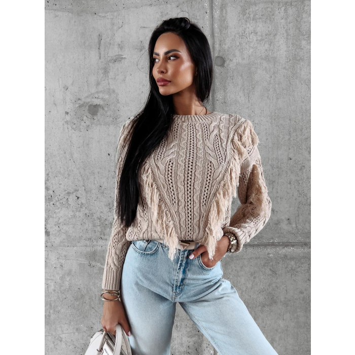 SWETER Z FRĘDZLAMI LAREN BEIGE