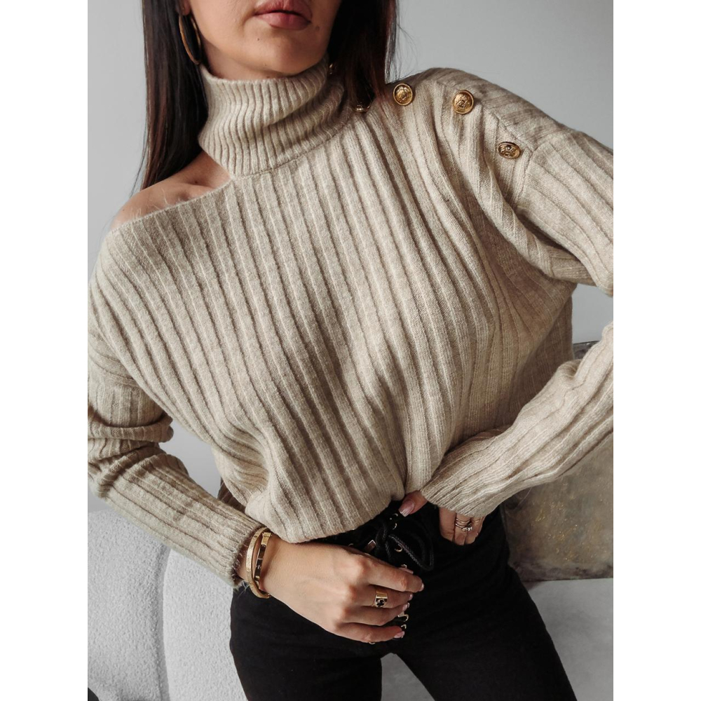 SWETER Z GOLFEM Z WYCIĘCIEM NA RAMIENIU GUZIKI OLAVOGA ASHLEY BEIGE