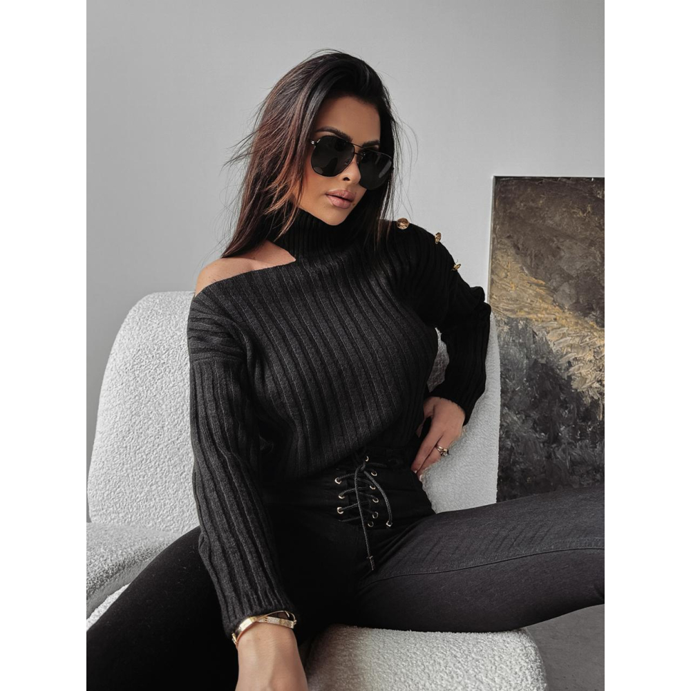 SWETER Z GOLFEM Z WYCIĘCIEM NA RAMIENIU GUZIKI OLAVOGA ASHLEY BLACK