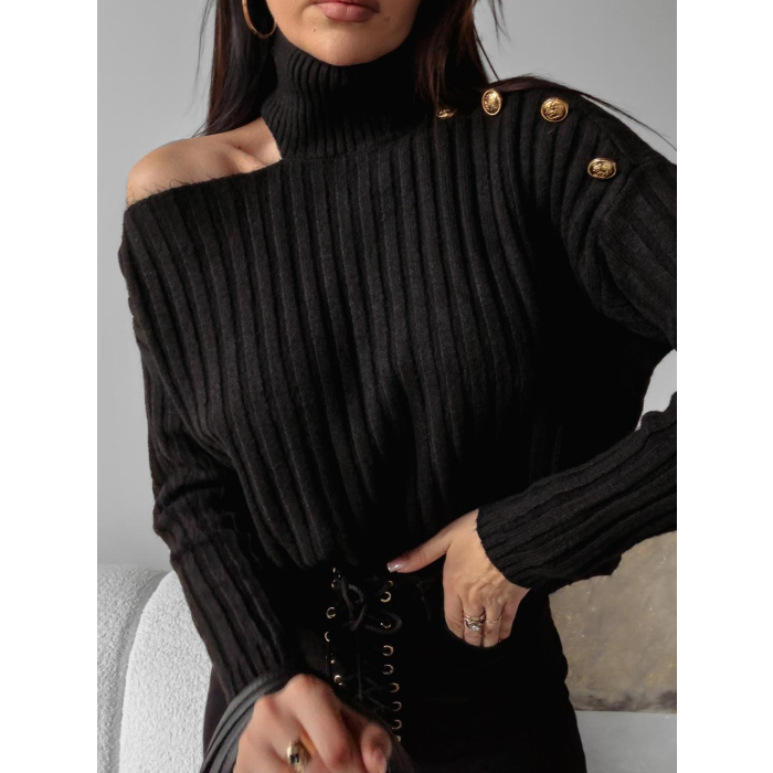 SWETER Z GOLFEM Z WYCIĘCIEM NA RAMIENIU GUZIKI OLAVOGA ASHLEY BLACK