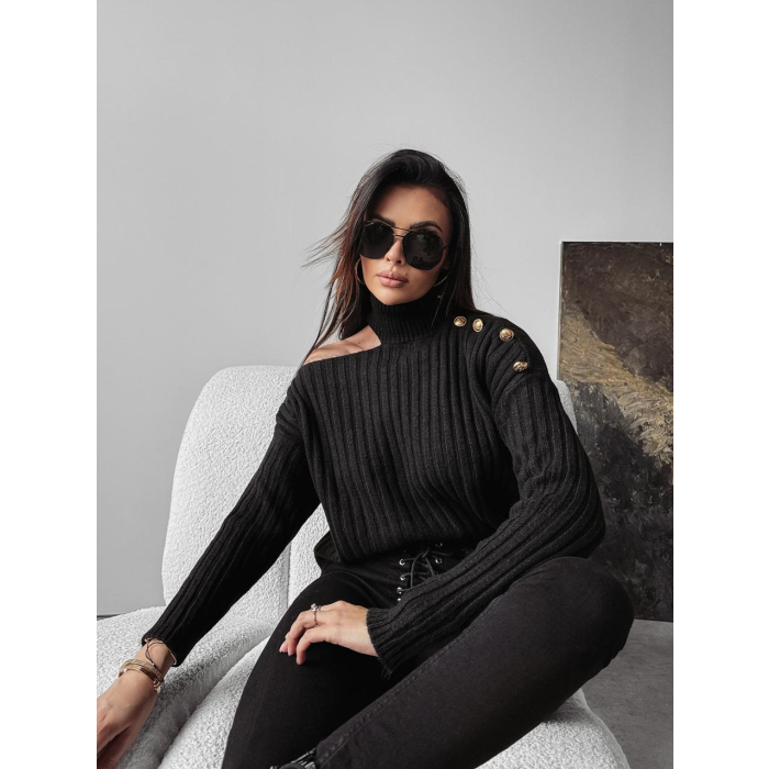 SWETER Z GOLFEM Z WYCIĘCIEM NA RAMIENIU GUZIKI OLAVOGA ASHLEY BLACK