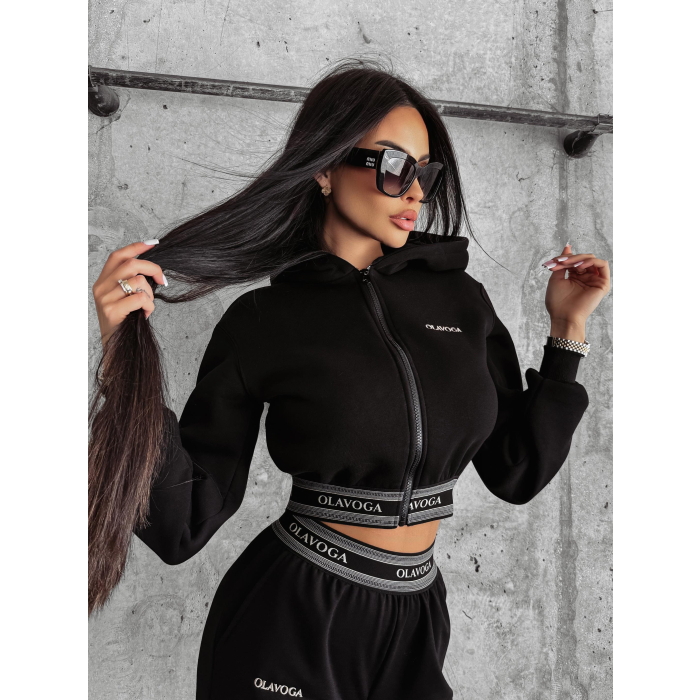 BLUZA DRESOWA DAMSKA BAWEŁNIANA NA ZAMEK GUMA HAFT OLAVOGA TRASI BLACK
