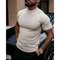 BLUZKA T-SHIRT MĘSKI SWETERKOWY PÓŁGOLF LOGO OLAVOGA MEN NECK BEIGIE