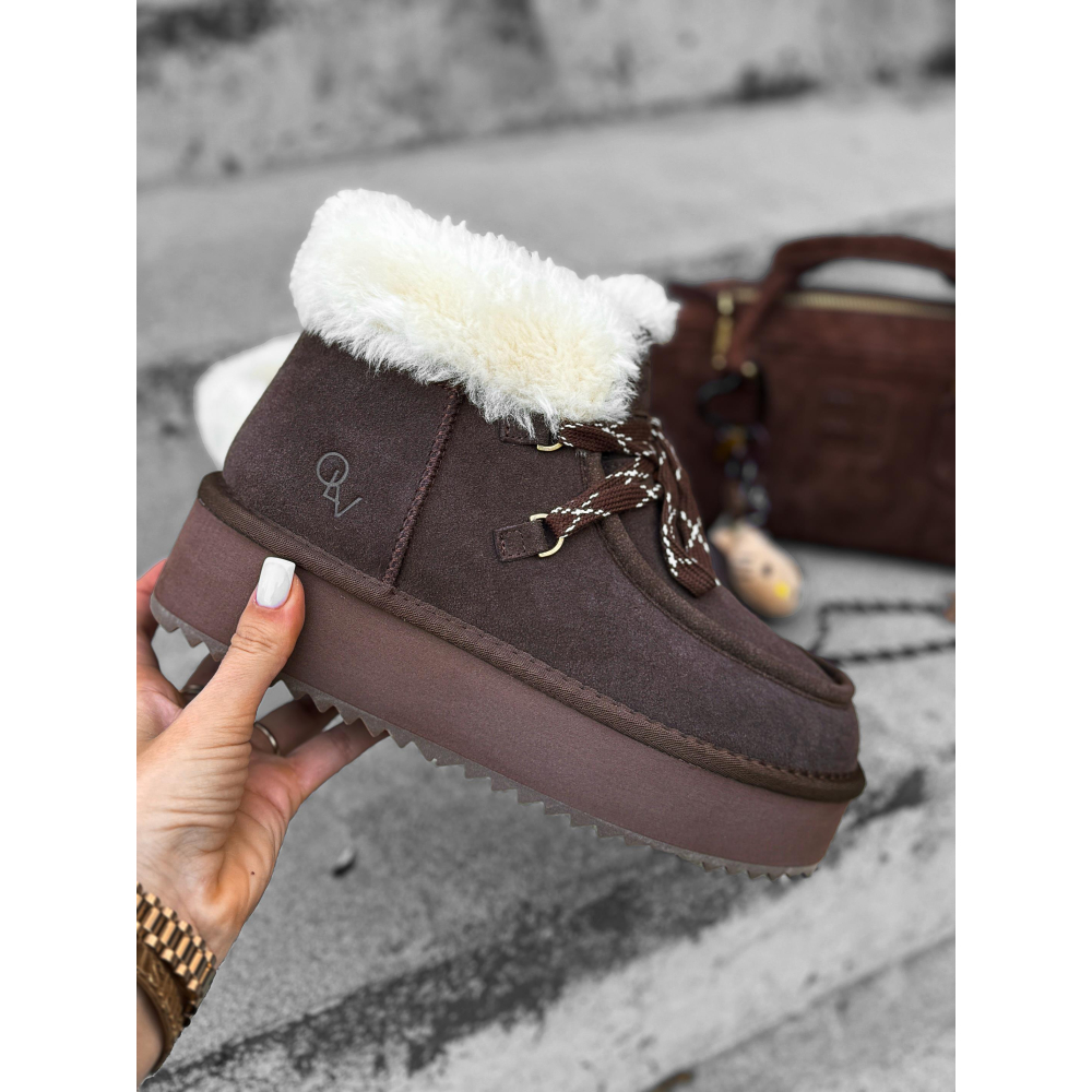 BUTY DAMSKIE ŚNIEGOWCE SKÓRA NATURALNA FUTERKO OLAVOGA SHOES VITTY BROWN