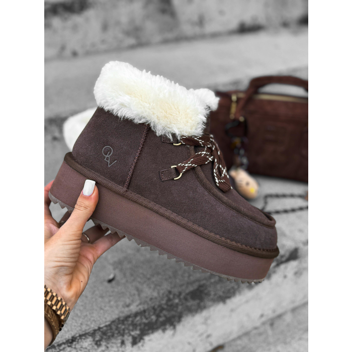 BUTY DAMSKIE ŚNIEGOWCE SKÓRA NATURALNA FUTERKO OLAVOGA SHOES VITTY BROWN