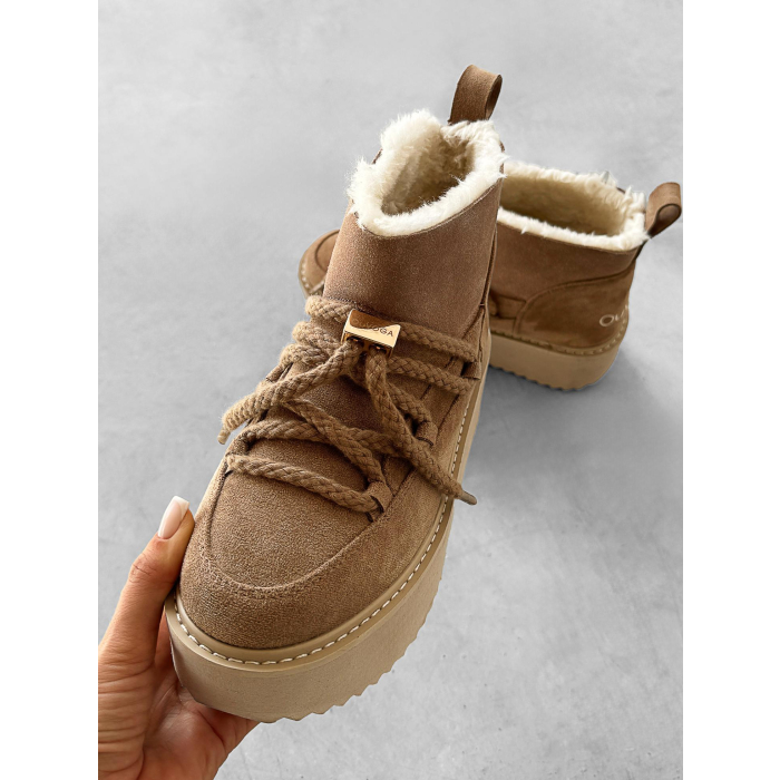 BUTY DAMSKIE ŚNIEGOWCE SKÓRZANE FUTERKO OLAVOGA SHOES GRANDA BEIGIE