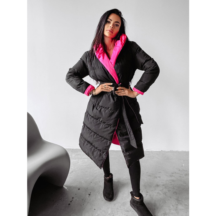 KURTKA PŁASZCZ DAMSKI DŁUGI DWUSTRONNY OVERSIZE HAFT OLAVOGA MARYLIN BLACK-NEON PINK
