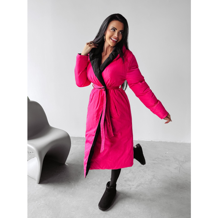 KURTKA PŁASZCZ DAMSKI DŁUGI DWUSTRONNY OVERSIZE HAFT OLAVOGA MARYLIN BLACK-NEON PINK
