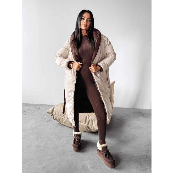 KURTKA PŁASZCZ DAMSKI DŁUGI DWUSTRONNY OVERSIZE HAFT OLAVOGA MARYLIN BROWN-BEIGE