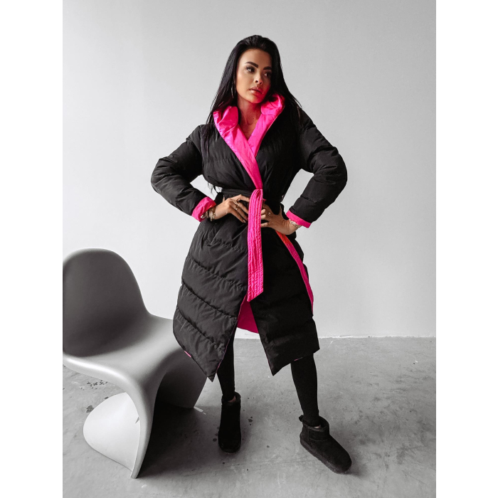 KURTKA PŁASZCZ DAMSKI DŁUGI DWUSTRONNY OVERSIZE HAFT OLAVOGA MARYLIN BLACK-NEON PINK