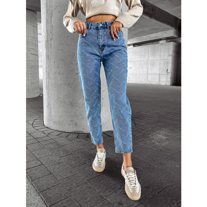 SPODNIE JEANSOWE MOM FIT LOGOWANE NAPISY OLAVOGA INTED LIGHT BLUE
