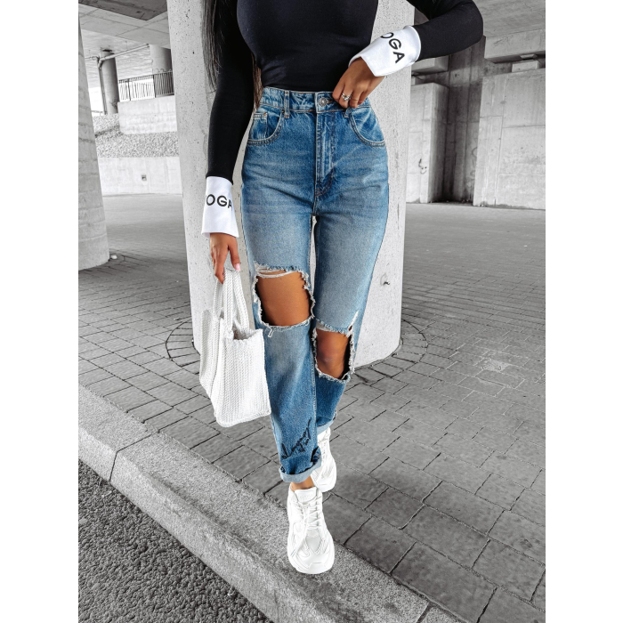 SPODNIE JEANSOWE MOM FIT ZDZIURAMI NA KOLANACH OLAVOGA HORIZON BLUE