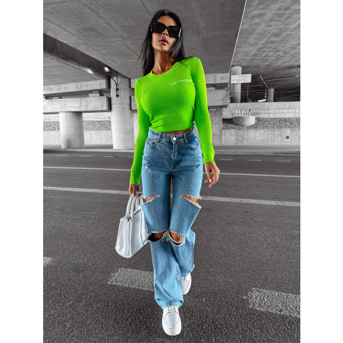 SWETER PRĄŻKOWANY DAMSKI OLAVOGA SOFT GREEN