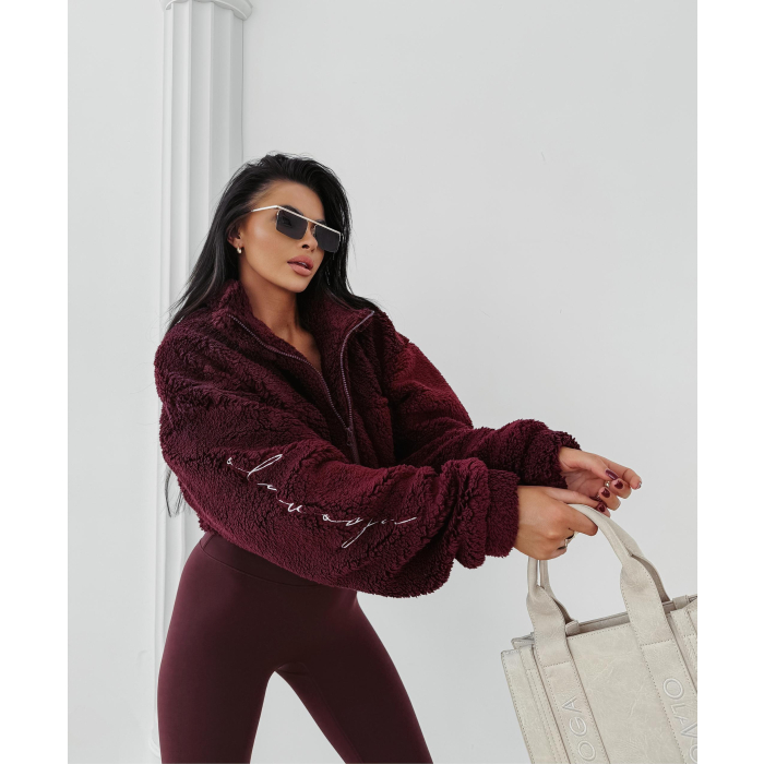 BLUZA DAMSKA NA ZAMEK BARANEK TEDDY HAFT OLAVOGA TEDI BURGUNDY