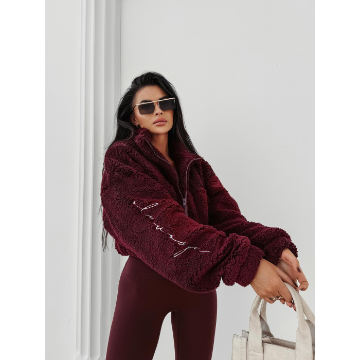 BLUZA DAMSKA NA ZAMEK BARANEK TEDDY HAFT OLAVOGA TEDI BURGUNDY