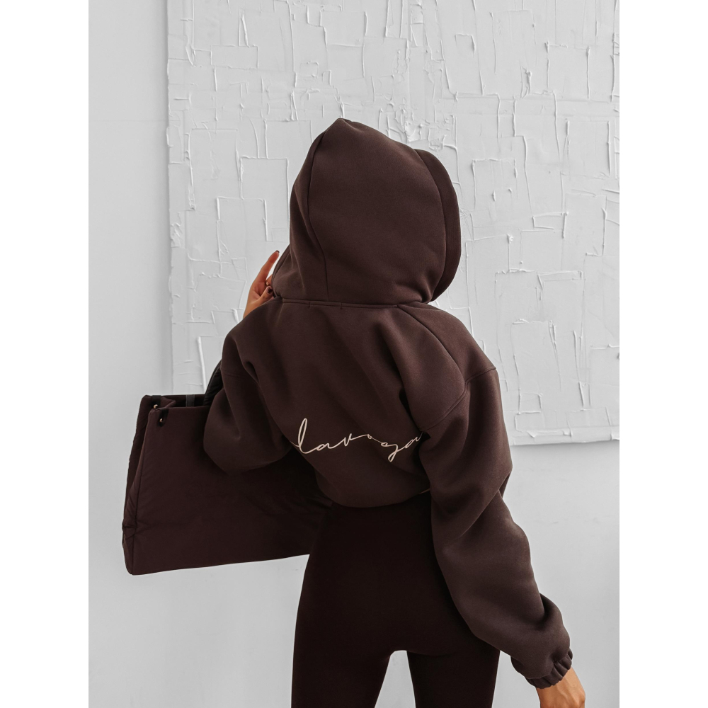 BLUZA DRESOWA BAWEŁNIANA DAMSKA Z KAPTUREM NA ZAMEK OLAVOGA AUTUMN LINOS BROWN