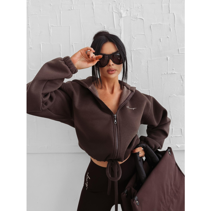 BLUZA DRESOWA BAWEŁNIANA DAMSKA Z KAPTUREM NA ZAMEK OLAVOGA AUTUMN LINOS BROWN
