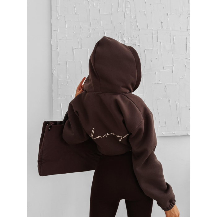BLUZA DRESOWA BAWEŁNIANA DAMSKA Z KAPTUREM NA ZAMEK OLAVOGA AUTUMN LINOS BROWN