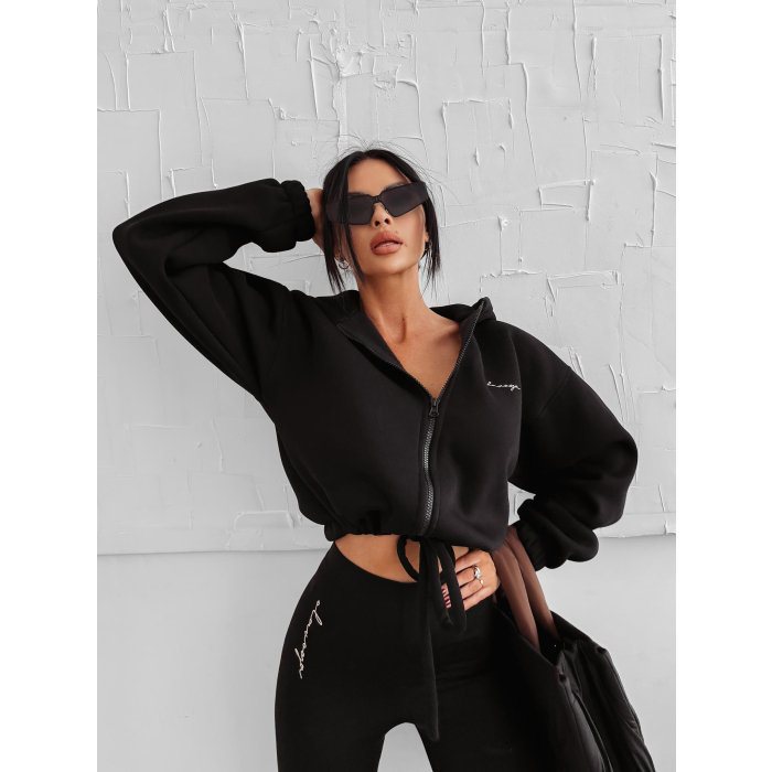 BLUZA DRESOWA BAWEŁNIANA DAMSKA Z KAPTUREM NA ZAMEK OLAVOGA AUTUMN LINOS BLACK