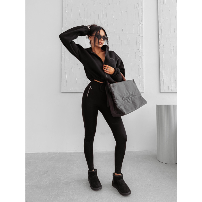 BLUZA DRESOWA BAWEŁNIANA DAMSKA Z KAPTUREM NA ZAMEK OLAVOGA AUTUMN LINOS BLACK
