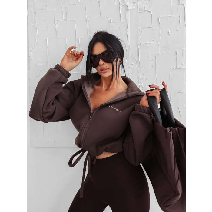 BLUZA DRESOWA BAWEŁNIANA DAMSKA Z KAPTUREM NA ZAMEK OLAVOGA AUTUMN LINOS BROWN