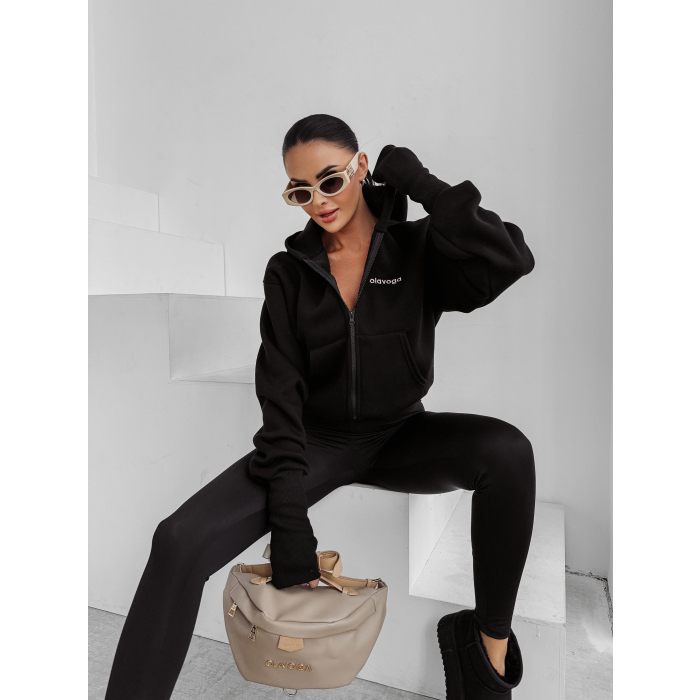 BLUZA DRESOWA BAWEŁNIANA DAMSKA Z KAPTUREM NA ZAMEK OLAVOGA AUTUMN TALE BLACK