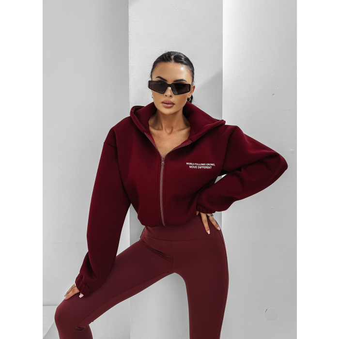 BLUZA DRESOWA BAWEŁNIANA DAMSKA Z KAPTUREM NA ZAMEK OLAVOGA CREATIVA BURGUND
