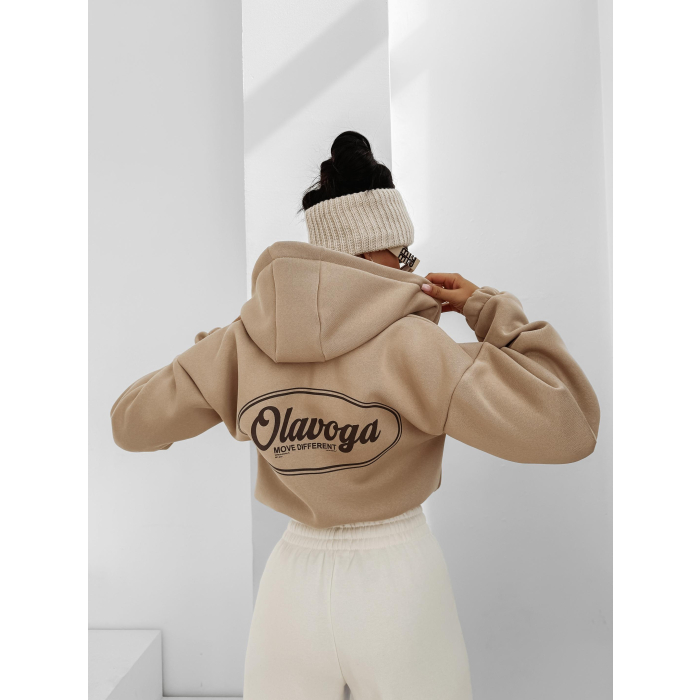 BLUZA DRESOWA BAWEŁNIANA DAMSKA Z KAPTUREM NA ZAMEK OLAVOGA CREATIVA BEIGE